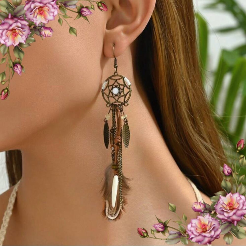Bohemian Dreamcatcher drop feather Earrings